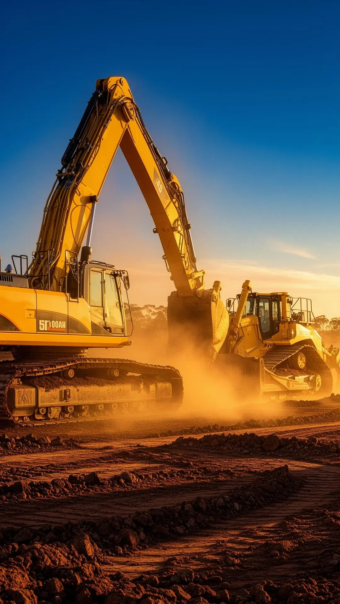 Excavator and bulldozer working on an Australian construction site at golden hour